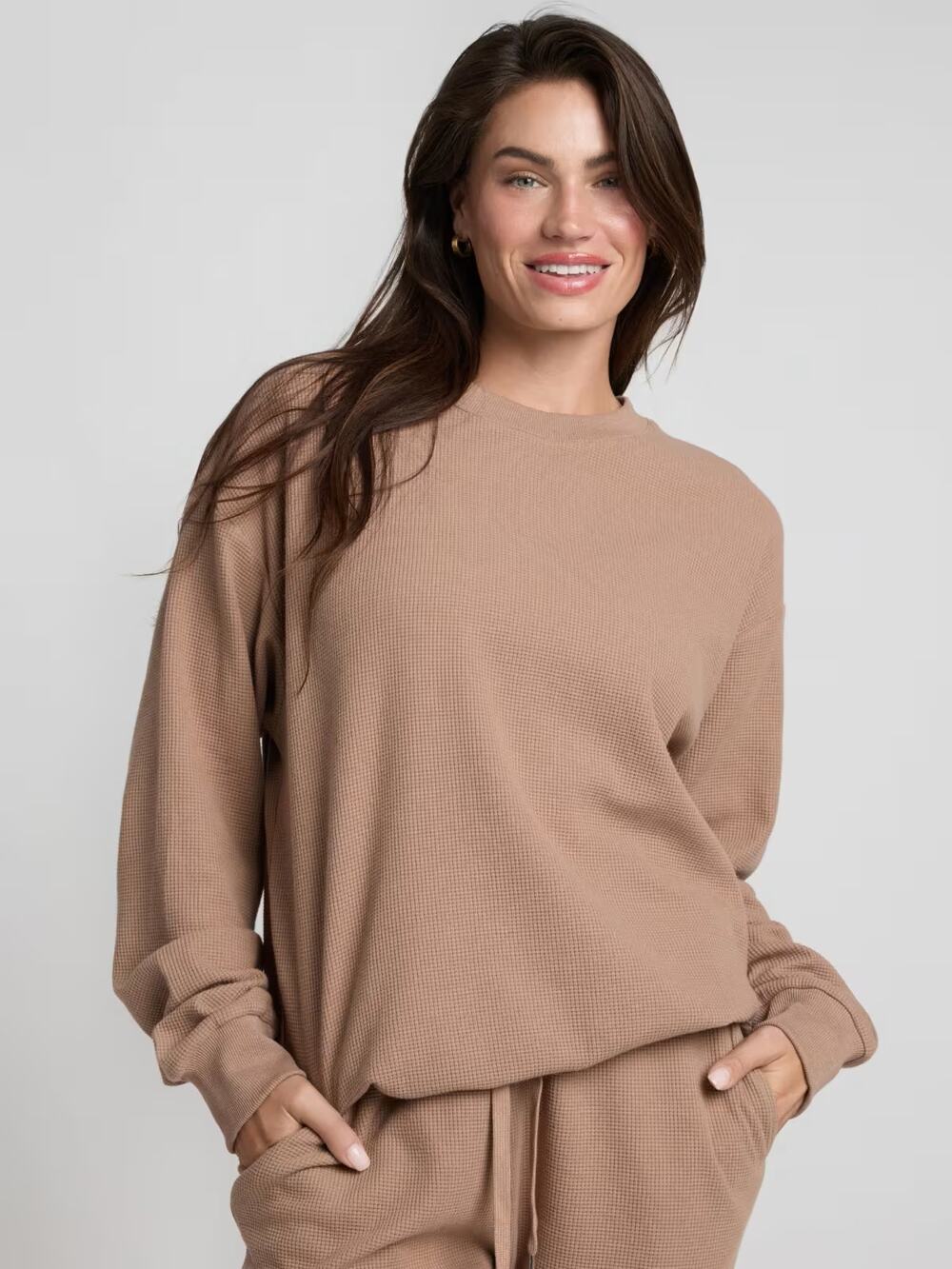 NEW Comfrt Waffle Knit Long Sleeve T Shirt Tan Truffle Lounge Pullover Size L